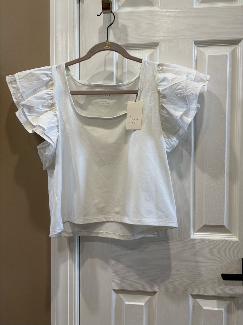 A New Day White Square Neck Ruffle Short Sleeve Crop Top Size L NWT
